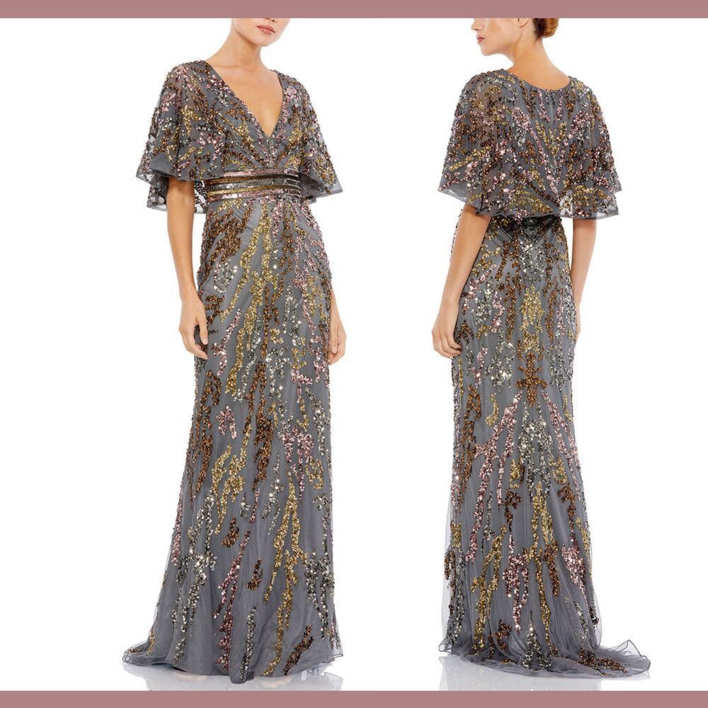 NEW $698 Mac Duggal [ 8‎ ] Cape Sleeve Embellished Gown in Charcoal Multi #G1938